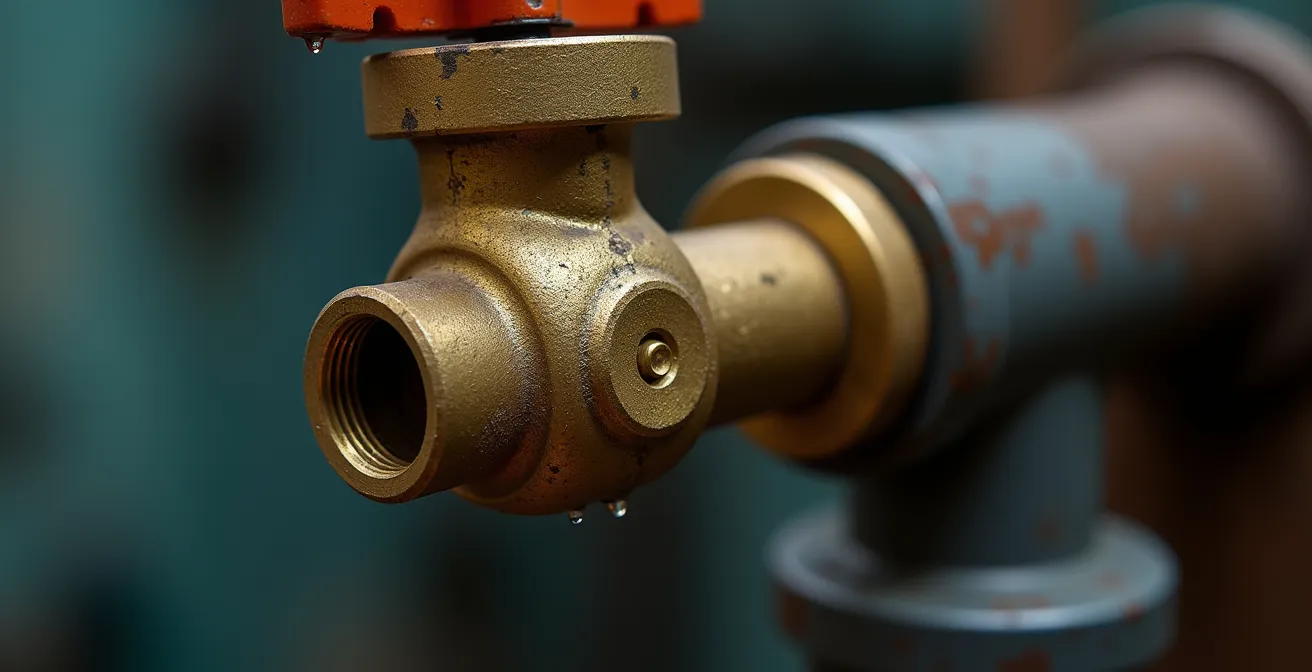 Détail macro d'une valve de citerne propane montrant les textures métalliques