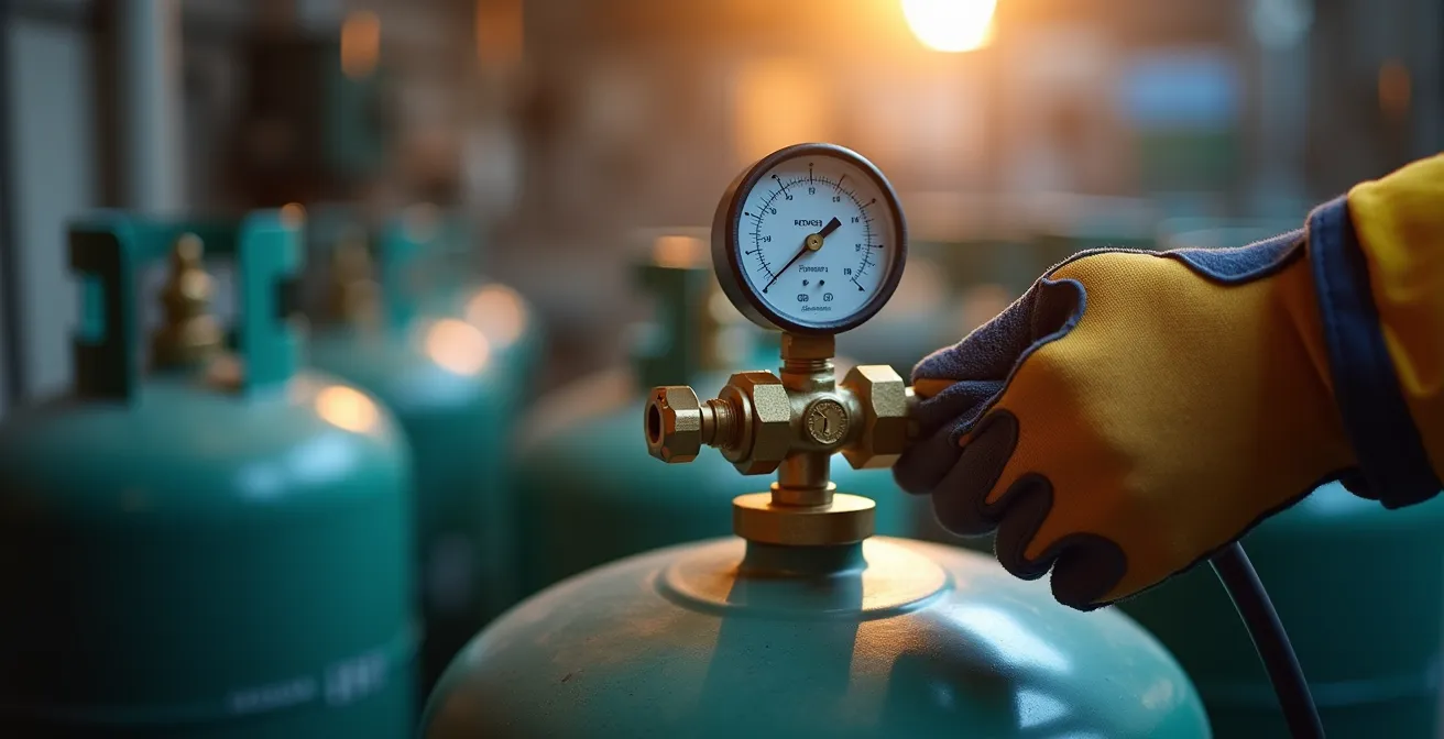 Technicien inspectant une citerne de propane professionnelle en gros plan